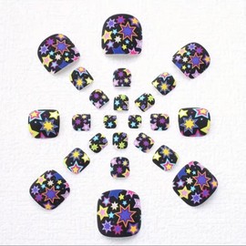 Black Press on Toenails Short Square Glue on Toenails Colorful Star Stick on Toenails Matte Fake Toenails Full Cover Artificial Acrylic False Toenails Reusable Toenails Kit for Women Girl 24Pcs