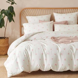 Bildenly Floral Duvet Cover Queen Size White Pink Tulip Pattern Bedding Set with Zipper Closure 3 Pcs Reversible Floral Chic Garden Style Microfiber Comforter Cover for Kids Women with 2 Pillowcases