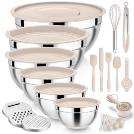E-far 25PCS Mixing Bowls with Lid Set, Stainless Steel Nesting Prep Bowls with Grater Attachments Non-Slip Bottoms for Cooking, Serving, Food Storage, 4.6/2.6/2/1.5/1/0.7QT - Khaki