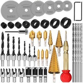 LAMPTOP 47 Pcs Woodworking Tools and Accessories, Including Countersink Drill Bit Set, Wood Plug Cutter, Step Drill Bit, Saw Blades, Drill Stop Bit Set, Long Twist Drill Bit, L-Wrench, Center Punch