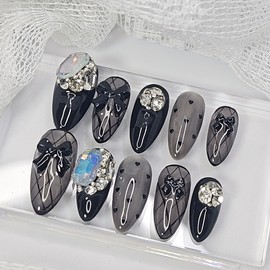 Black see-through handmade nail tips - long stiletto / 블랙 시스루 수제네일팁 - 롱 스틸레토