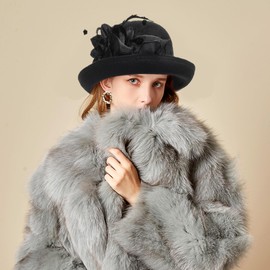 Women-Felt-Bowler-Fedora-Hat with Floral-Fascinator for Kentucky-Church-Derby-Wedding-Party Black