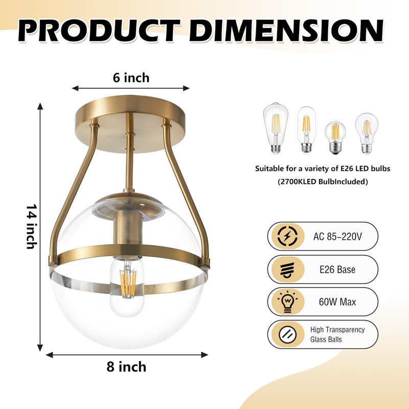 Bagood 8 Inch Mid Century Ceiling Light Modern Gold Semi