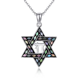 YAFEINI Star of David Necklace Sterling Silver Turquoise/Abalone Hebrew Pendant Chai Necklace Jewish Star of David Chai Jewellery for Men and Women, Sterling Silver, No Gemstone