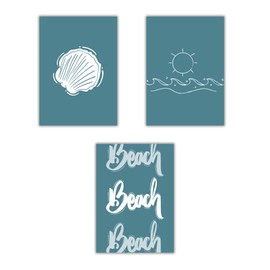 Minimalist Beach Wall Art Set of 3 - 8x10 inch Sun and Ocean Prints - Modern Coastal Decor - Unframed Minimalist Line Art - Abstract Beach House Pictures - Contemporary Nautical Bathroom Decoration