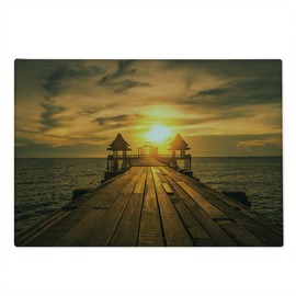 Ambesonne Beach Cutting Board, Wooden Dock Serene Bangkok Bay Morning Sunshine and Ocean Picture Print, Decorative Tempered Glass Cutting and Serving Board, Large Size, Dark Blue Yellow Brown