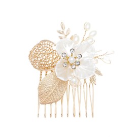 Qiansail Flower Girl Hair Combs Wedding Rhinestones Headpieces with Leaves Bridal Pearl Hairpins Hair Accessories for Women and Bridesmaid (Gold)