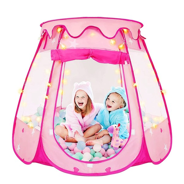 Newthinking Pop Up Play Tents for Girls, Foldable Kids Play Tent with Star Lights, Pink Princess Playhouse Indoor and Outdoor Ball Pit Dream CastleTent for 5 6 7 8 Girls