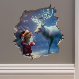 Santa Claus Mouse and Reindeer in Mouse Hole Decal - Mouse Hole 3D Wall Sticker