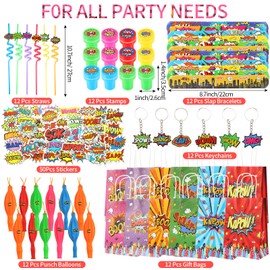 LiYiQ 122 Pcs Hero Party Favors with Hero Punch Balloons Reusable Drinking Straws Hero Slap Bracelets Keychains Stamps Stickers and Gift Bags for Kids Hero Birthday Party Supplies (Style 1)