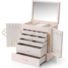 Vlando Large Jewelry Organizer Box for Women,Faux Leather Jewelry Storage with 5 Drawn,Watch Necklace Rings Earrings Case for Mothers Day Gift for Mom Wife Women（Apricot White）