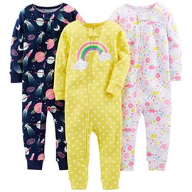 Simple Joys by Carter's Baby Girls' 3-Pack Snug Fit Footless Cotton Pajamas, Dinosaur, Space, Rainbow, 6-9 Months