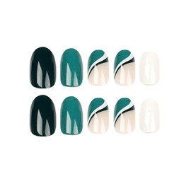 JUSTOTRY 24 Pcs Almond Fake Nails Short, Dark Green and White Swirl Stick on Nails with Designs, Nude French False Nails Short, Oval Press on Nails for Women, Nail Fake Nail for Nails Art