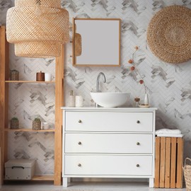 Yipscazo Herringbone Peel and Stick Backsplash for Kitchen Wall, Sample Heat Resistant Stick on Backsplash PVC Smart Tiles, 12'' Marble Calacata Waterproof Peel and Stick Tile for Bathroom