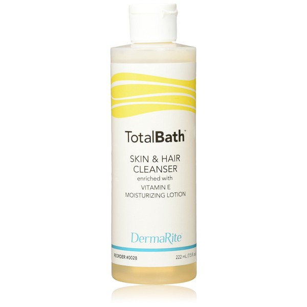 DermaRite TotalBath Skin and Hair Cleanser - 7.5 Oz - Full Body Shampoo and Body Wash Moisturizing Lotion - Enriched with Vitamin E - Ideal for Sensitive Skin, Rinse Free
