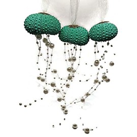Set of 3 Ocean Inspired Elegant Urchin Shell and Pearl Jellyfish Tropical Christmas Ornaments (Turquoise and White)