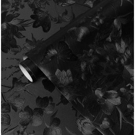 Erfoni 394"x15.7" Black Floral Embossed Wallpaper for Bedroom Decorative DIY Peel and Stick Wallpaper Flower Textured Removable Contact Paper Vintage Pure Black Self Adhesive Wall Paper Vinyl Roll