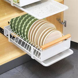 GarveeHome Pull Out Cabinet Telescopic Drawer, Kitchen Storage Shelf Basket Extendable Drawer, Slide Out Drawers for Kitchen Cabinets, Bathroom, White Bowl Rack