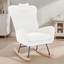 AnoYishev Rocking Chair Nursery with Headrest, Teddy Upholstered Glider Rocker with High Backrest & Side Pocket, Modern Rocking Chairs for Small Spaces, Living Room, Bedroom (White)