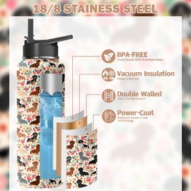 40oz Dachshund Dog Design Insulated Water Bottle - Leakproof Stainless Steel Tumbler with Flip Straw, 24hr Temperature Retention,Gift for Female Dog Owners (Home/Office/Travel Use)