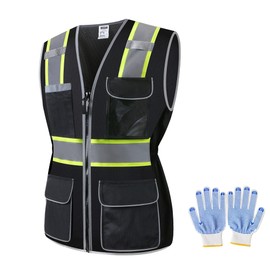 JKWEARSA Women Safety Vest, High Visibility Reflective Mesh Work Vest With Pockets And Zipper For Lady, Girl(Black-01, Large)