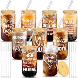 SiliFine 9 Set CNA Week Gifts Bulk 2025 Employee Appreciation Gifts Glass Cups Nurse Week Gift 16oz Can Drinking Beer Cups with Lids Straws for Women Practitioner Graduation(Artistic)