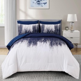 Dinjoy Ombre Blue Comforter Set King Size Gradient Navy Blue White Boho Bedding Set for Teen Men Women 7 Pieces Bed in A Bag Bohemian Bed Set with Comforter, Sheets, Pillowcases & Shams