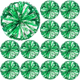Deekin 12 Pack Cheerleading Pom Poms, Metallic Foil Pom Poms with Handle Cheer Squad Team Spirited Fun Pom Poms for Party, Sports Dance Cheer, 12 Inch, 50g Weight Each(Green and Silver)