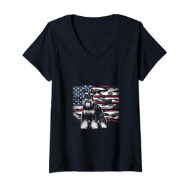Womens Miniature Schnauzer American Flag USA Flag V-Neck T-Shirt