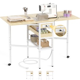 Besiost Folding Sewing Table with Charging Station, Height Adjustable Craft Table with Storage, 50" Foldable Fabric Cutting Table, Portable Sewing Cutting Tables for Sewing Room Craft Room, Natural