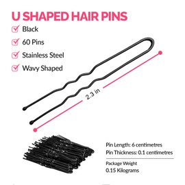Biribila 60 PCS - U Shaped Hair Pins For Buns, 6 cm - Wavy Design Buns Bobby Pins, Bun Pins For All Hair Types (Black)