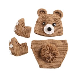 3Pcs Cute Bear Newborns Photography Costume Soft and Warm Knitting Outfit with Matching Shoes for Baby Photo Shoots Crochet Knitted Outfit