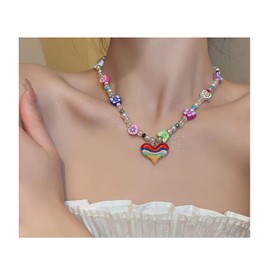 Resin Heart Necklace for Women Heart Pearl Choker Necklace Rainbow Heart Beaded Necklaces Birthday Party Wedding for Women Jewelry Gifts