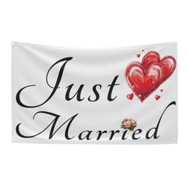 Just Married Flag Banner Outdoor Indoor Decoration Flag 3x5 FT Double Stitched Polyester with Brass Grommets (White)