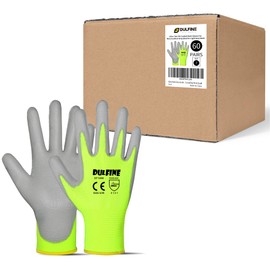 DULFINE Safety Work Gloves for Men PU Coated 60 Pairs Bulk Pack,Hi-Vis Yellow Seamless Knit Glove with thin Polyurethane Coated Smooth Grip on Palm & Fingers,Ideal for General Duty Work (Large)