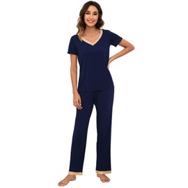 WiWi Womens Viscose from Bamboo Pajamas Set Short Sleeve Top with Pants Pjs Soft V Neck Sleepwear Lightweight S-3X, Navy, Large