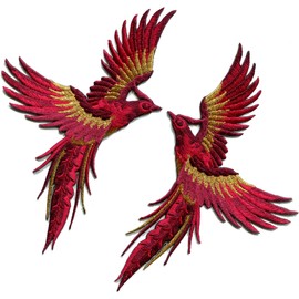 Phoenix phenix birds scarlet red gold embroidered appliques iron-on patches pair S-1333