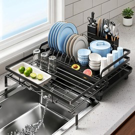 Kitchen Dish Drying Rack – Multifunctional & Expandable Dish Drainer; Rust-Resistant, Durable, and Stable; Features Adjustable Feet, Utensil Holder, and Removable Drip Tray (Black)