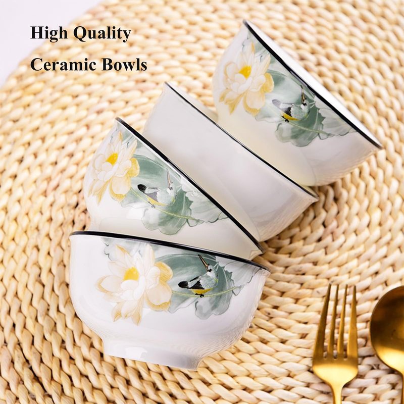 5 Pack Porcelain Bowls With Lotus Pattern, 4.5" x 2.36"