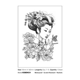 kobench Semi Permanent Tattoos,Japanese Woman With Three Flowers - K140 Design,Waterproof,Easy-to-Apply,Long Lasting 1-2 Weeks, Plant-Based,Women Tattoos