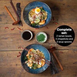 Moritz & Moritz 2 x Ceramic Ramen Bowl – 9.5 inch – Blue Ramen Bowl Set for 2 People – for Soup, Pho, and Sushi – Incl. Chopsticks and Spoons