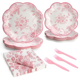 UVTQSSP 96 Pcs Party Plates, Floral Pink Vintage Paper Plates and Napkins Party Supplies for Birthday Bridal Shower Tea Time, Floral Disposable Tableware Set, Serve for 24 Guests, Pink