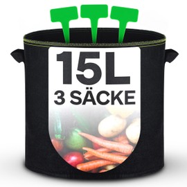Praknu Plant Bag 15 L - Pack of 3 Non-Woven Fabric with Plant Labels for Labelling with Handle - For Herbs, Flowers, Strawberries