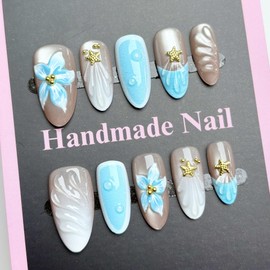 30Pcs Almond Press on Nails Blue Flowers Fake Nails Medium French False Nails Press ons Summer 3D Acrylic Nails with Gold Stars Designs Glossy Artificial Nails for Women Girls Manicure