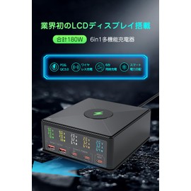 USB Charger, PD Rapid Charger, Total 180W (LCD Display, Simultaneous Charging of 2 Laptops, 65W Single Port, Wireless Charging), Supports PD 3.0, PPS, QC4+, 5 Ports, USB-C*3 & USB-A 2, Smartphone