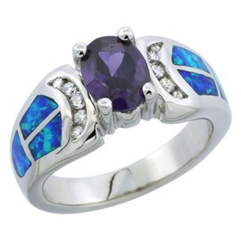 Sterling Silver Blue Synthetic Opal Oval Ring for Women Amethyst CZ 3/8 inch Size 7