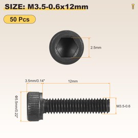 METALLIXITY Socket Head Cap Screws(M3.5-0.6x12mm)50Pcs, Carbon Steel Allen Socket Drive DIN912/ISO4762 Metric Oxide - Machine Grade 12.9 Internal Hex Screw UNC Coarse, Black