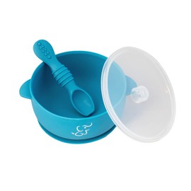 PAPU BABY Set de Alimentacion - 1 Babero, 1 Bowl con Tapa y 1 Plato de Divisiones (Azul Indigo)