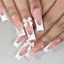 Press on Nails Long Coffin Nude White 3D Bow French Tip Fake Nails Long with Designs Full Cover False Nails Square French Tip Glue on Nails Cute Long Coffin Acrylic Thick Stick on Nails for Women Nails Art 24Pcs YY-BW70