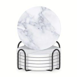 6PCS Coasters for Drinks, Marble Ceramic Coasters with Holder, 4 Inch Cork Base Absorbent Drink Coasters for Coffee Table Home Kitchen Living Room Decor House Warming Gift